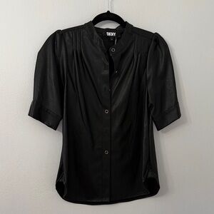 DKNY Black Faux Leather Snap-Front Shirt